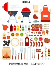 All for grill, big set of elements. Different special tools and food for barbecue party. Grilled vegetables, meat, sausage, fish, chiken, kebab, sauces, charcoal, apron, skewer. Vector illustration.