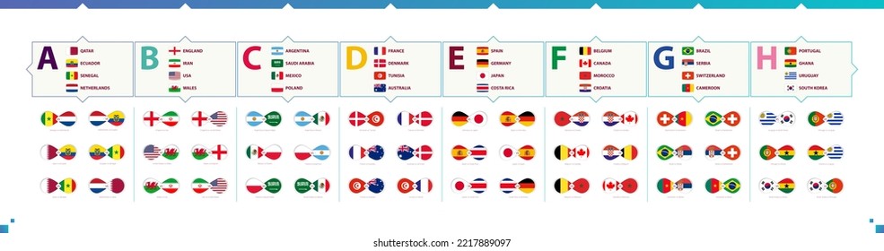 All group games, versus icon and flags of participants in international soccer competitions. Vector set.