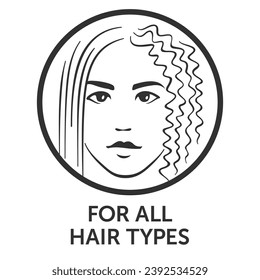 For all hair types icon for labeling of haircare products. Woman face with half straight and half curly hair. Isolated vector pictogram in thin line