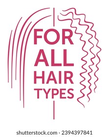 For all hair types icon for labeling of haircare products. Half straight and half curly hair. Isolated vector pictogram