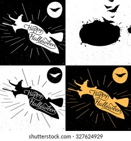 All Halloween Eve. Halloween calligraphy set with witch. Witch, bat and splash silhouette. Hand drawn typography poster happy Halloween. Halloween lettering banner