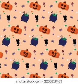 All halloween pumpkin and witch element  illustration on orange background seamless pattern in vector. Halloween background.