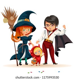 All Hallows Eve family party flat poster vector illustration. Cartoon smiling parents with daughter dressed in nice Halloween costumes of witch dracula and devil.