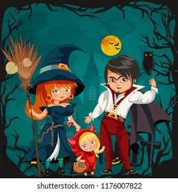 All Hallows Eve family party flat poster vector illustration. Cartoon smiling parents with daughter dressed in nice Halloween costumes of witch dracula and devil. template design with promo copyspace