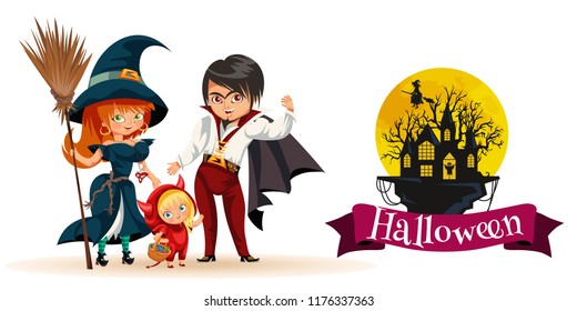 All Hallows Eve family party flat poster vector illustration. Cartoon smiling parents with daughter dressed in Halloween costumes of devil, dad dracula and mom witch, kid flittermouse mother hag