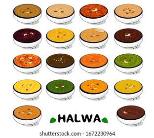 All Halwa like Aloo,badam,beetroot,apple,atta,besan,bread,dates,gajar,gur,kaddu,lauki,mango,mirchi,moong,pineapple,singhara,sooji indian sweet vector