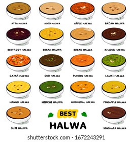 All Halwa like Aloo,badam,beetroot,apple,atta,besan,bread,dates,gajar,gur,kaddu,lauki,mango,mirchi,moong,pineapple,singhara,sooji indian sweet vector