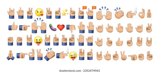 All hand emojis, stickers in all skin colors. Hand emoticons symbols set, collection. Hands, handshakes, muscle, finger, fist, direction, like, unlike, fingers, vector illustration 