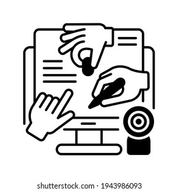 All hands meeting black linear icon. Online collaborative project. Work together with coworkers on internet. Share business document. Outline symbol on white space. Vector isolated illustration