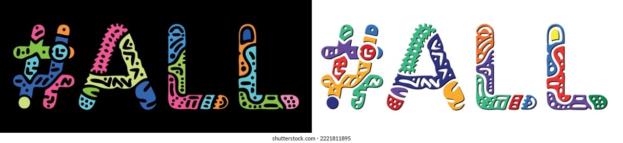 ALL Hashtag. Multicolored bright isolate curves doodle letters. Trendy popular Hashtag #ALL for print, booklet, banner, flyer. Stock vector.