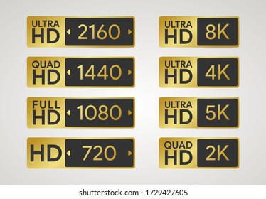 All HD labels. Full, ultra, quad high definition badge. 720, 1080, 1440, 2160 pixel resolution of screen. Plasma dimension icon. 8K, 5K, 4K, 2K display. PC and TV ratio in px. Vector illustration
