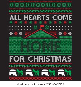 All Hearts Come Home for Christmas Christmas Sweater Design, vector file.