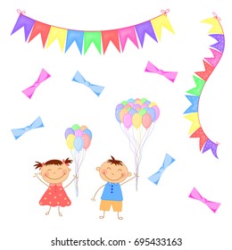 all for holiday and birthday. The set of decorations, balloons, bows, children, boys and girls, garland and flags.