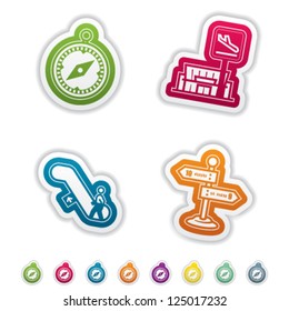 All icons in relation to summer vacation time, pictured here from left to right, top to bottom: Compass, Departure, Escalators, Signpost.