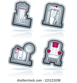 All icons in relation to summer vacation time, pictured here from left to right, top to bottom: Air traffic control tower, Security scanner, Scale, Plane seat.