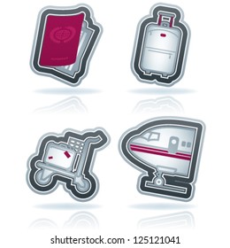 All icons in relation to summer vacation time, pictured here from left to right, top to bottom: Passport, Suitcase (Luggage), Luggage cart, Airplane.