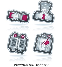 All icons in relation to summer vacation time, pictured here from left to right, top to bottom: Seat belt, Pilot, Arrival/Departure displays, Shopping bag.