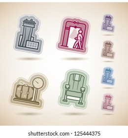 All icons in relation to summer vacation time, pictured here from left to right, top to bottom: Air traffic control tower, Security scanner, Scale, Plane seat.