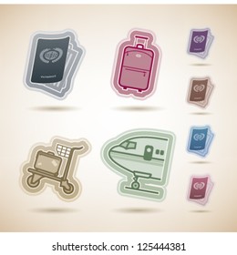 All icons in relation to summer vacation time, pictured here from left to right, top to bottom: Passport, Suitcase (Luggage), Luggage cart, Airplane.