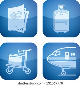 All icons in relation to summer vacation time, pictured here from left to right, top to bottom: Passport, Suitcase (Luggage), Luggage cart, Airplane.