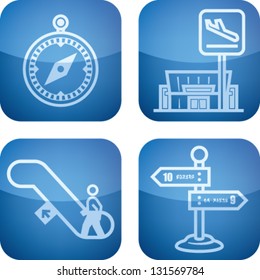 All icons in relation to summer vacation time, pictured here from left to right, top to bottom: Compass, Departure, Escalators, Signpost.