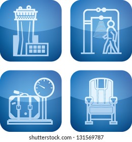 All icons in relation to summer vacation time, pictured here from left to right, top to bottom: Air traffic control tower, Security scanner, Scale, Plane seat.