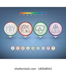 All icons in relation to summer vacation time, pictured here from left to right:  Flip-flops, Sand castle and beach ball, Diving mask and snorkel, Diving flippers.