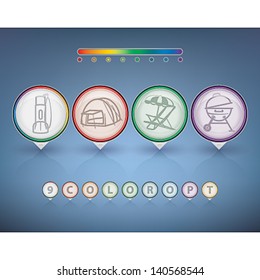 All icons in relation to summer vacation time, pictured here from left to right:  Flashlight, Tent, Sun bed and umbrella, Kettle BBQ.