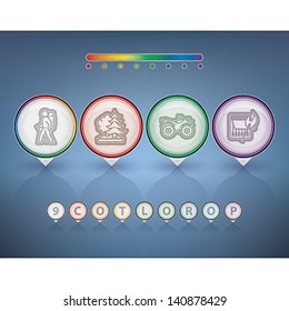 All icons in relation to summer vacation time, pictured here from left to right:  Backpacker (hiker, trekker), Forest, Quad bike, Burning match.
