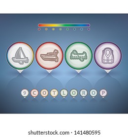 All icons in relation to summer vacation time, pictured here from left to right:  Sailboat (yacht), Motorboat, Canoe, Lifejacket.