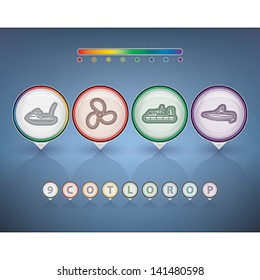 All icons in relation to summer vacation time, pictured here from left to right:  Water scooter (motor boat), Propeller, Hovercraft, Wakeboard boat.