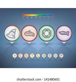 All icons in relation to summer vacation time, pictured here from left to right:  Windsurfing, Submarine, Lifebuoy, Motorboat.