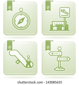 All icons in relation to summer vacation time, pictured here from left to right, top to bottom: Compass, Departure, Escalators, Signpost.