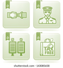 All icons in relation to summer vacation time, pictured here from left to right, top to bottom: Seat belt, Pilot, Arrival/Departure displays, Shopping bag.