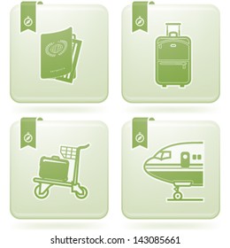 All icons in relation to summer vacation time, pictured here from left to right, top to bottom: Passport, Suitcase (Luggage), Luggage cart, Airplane.