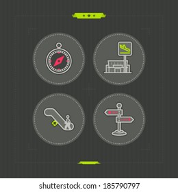 All icons in relation to summer vacation time, pictured here from left to right, top to bottom - Compass, Departure, Escalators, Signpost. 