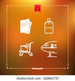 All icons in relation to summer vacation time -  Passport, Suitcase (Luggage), Luggage cart, Airplane. 