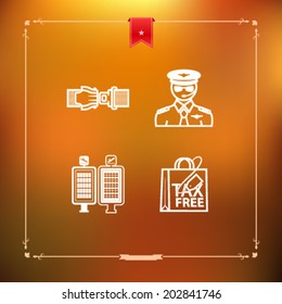 All icons in relation to summer vacation time -  Seat belt, Pilot, Arrival/Departure displays, Shopping bag. 
