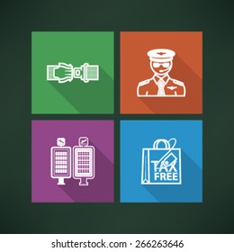 All icons in relation to summer vacation time - Seat belt, Pilot, Arrival/Departure displays, Shopping bag. 