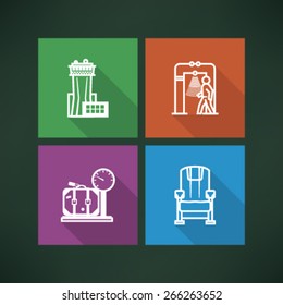 All icons in relation to summer vacation time - 
Air traffic control tower, Security scanner, Scale, Plane seat. 