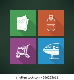 All icons in relation to summer vacation time - Passport, Suitcase (Luggage), Luggage cart, Airplane. 