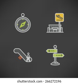 All icons in relation to summer vacation time, pictured here from left to right, top to bottom - Compass, Departure, Escalators, Signpost. 