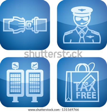 All icons in relation to summer vacation time, pictured here from left to right, top to bottom: Seat belt, Pilot, Arrival/Departure displays, Shopping bag.