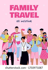 All Inclusive Family Travel Poster With Cartoon People On Summer Vacation