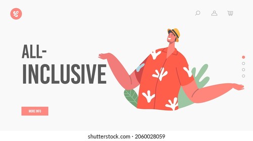 All Inclusive Landing Page Template. Man Wear Summer Clothes and Hat on Summer Recreation, Happy Male Character on Beach. Resort Recreation, Vacation and Holidays. Cartoon People Vector Illustration