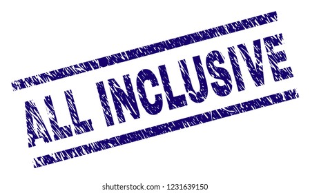 ALL INCLUSIVE seal watermark with grunge style. Blue vector rubber print of ALL INCLUSIVE text with grunge texture. Text label is placed between parallel lines.