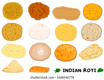 All indian Roti and Bread like Chapati,Rumali Roti,Kulcha,Paratha,Naan,Fulka,Laccha Vector