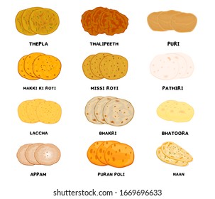 All indian Roti and Bread like Chapati,Rumali Roti,Kulcha,Paratha,Naan,Fulka,Laccha Vector