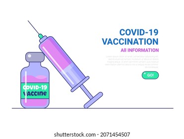 All information of Covid-19 vaccination landing page template. Vaccine shot immunization campaign website. Vaccination of people against coronavirus disease vector illustration