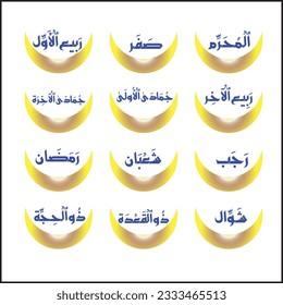 All Islamic month names or Hijri Calendar. Islamic Calendar with moon shape